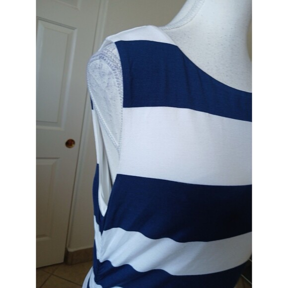 Soft Surroundings Maxi Dress Blue White Stripe Shirred Side M Coastal Nautical - Picture 10 of 16